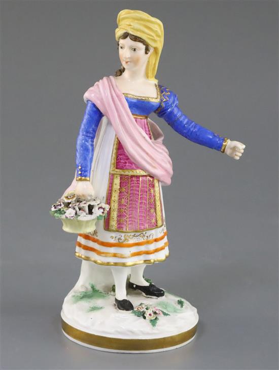A Rockingham porcelain figure of a Continental peasant woman Paysanne de St. Angelo, c.1830, H.20cm, left arm re-stuck